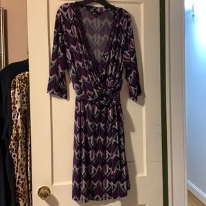 Purple, Gray, Black Geometric Faux Wrap Dress